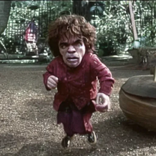 Prompt: “a still of Peter Dinklage running away from the troll in Ernest Scared Stupid”