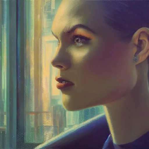 Image similar to detailed face of a woman, moment, cyberpunk cloisters, electronic billboards, tech noir, wet reflections, prism, atmospheric, ambient, pj crook, syd mead, livia prima, greg rutkowski, edward hopper