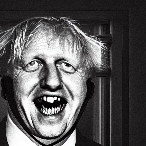 Image similar to a photo taken from the inside of an old house with window blinds being pulled back to reveal a terrifying boris johnson with his face pressed against the window with his hand on the window and a horrifying grin. horror, black and white, raining, night time