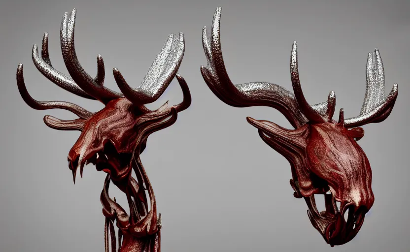 Image similar to stylized shiny polished silver statue full body bizarre extra limbs cosmic horror quadruped animal moose deer skull four legs made of marble of slug worm creature tendrils perfect symmetrical body perfect symmetrical face hyper realistic hyper detailed by johannen voss by michelangelo octane render blender 8 k displayed in pure white studio room anatomical deep red arteries veins flesh animatronic