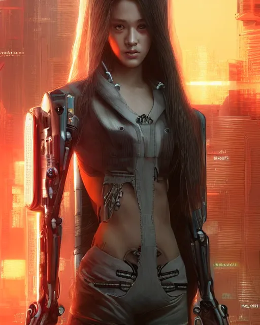 Prompt: a portrait of a beautiful 28th century cyberpunk female very young with long hair, largely biomechanical, hyper-realistic, very detailed unreal engine, by Artgerm, WLOP and Ross Thran, dramatic cinematic lighting rendered by octane, 8k, detailed, trending on artstation, deviantart, google images, pinterest