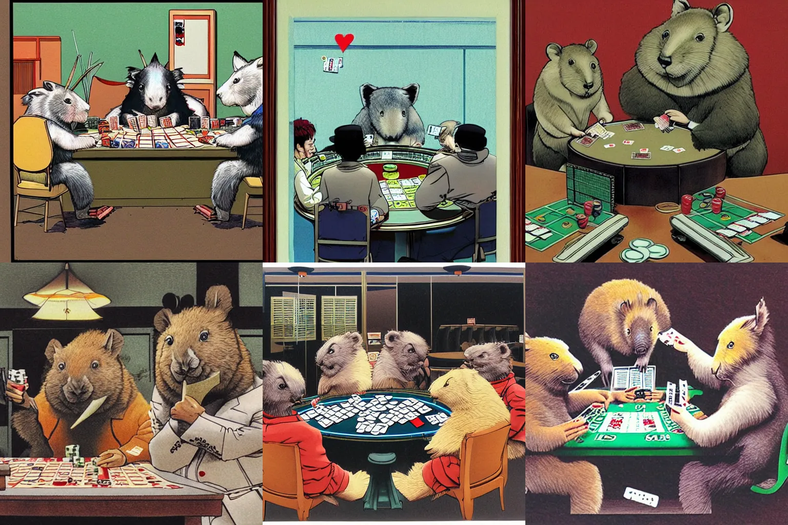 Prompt: wombats playing poker by katsuhiro otomo