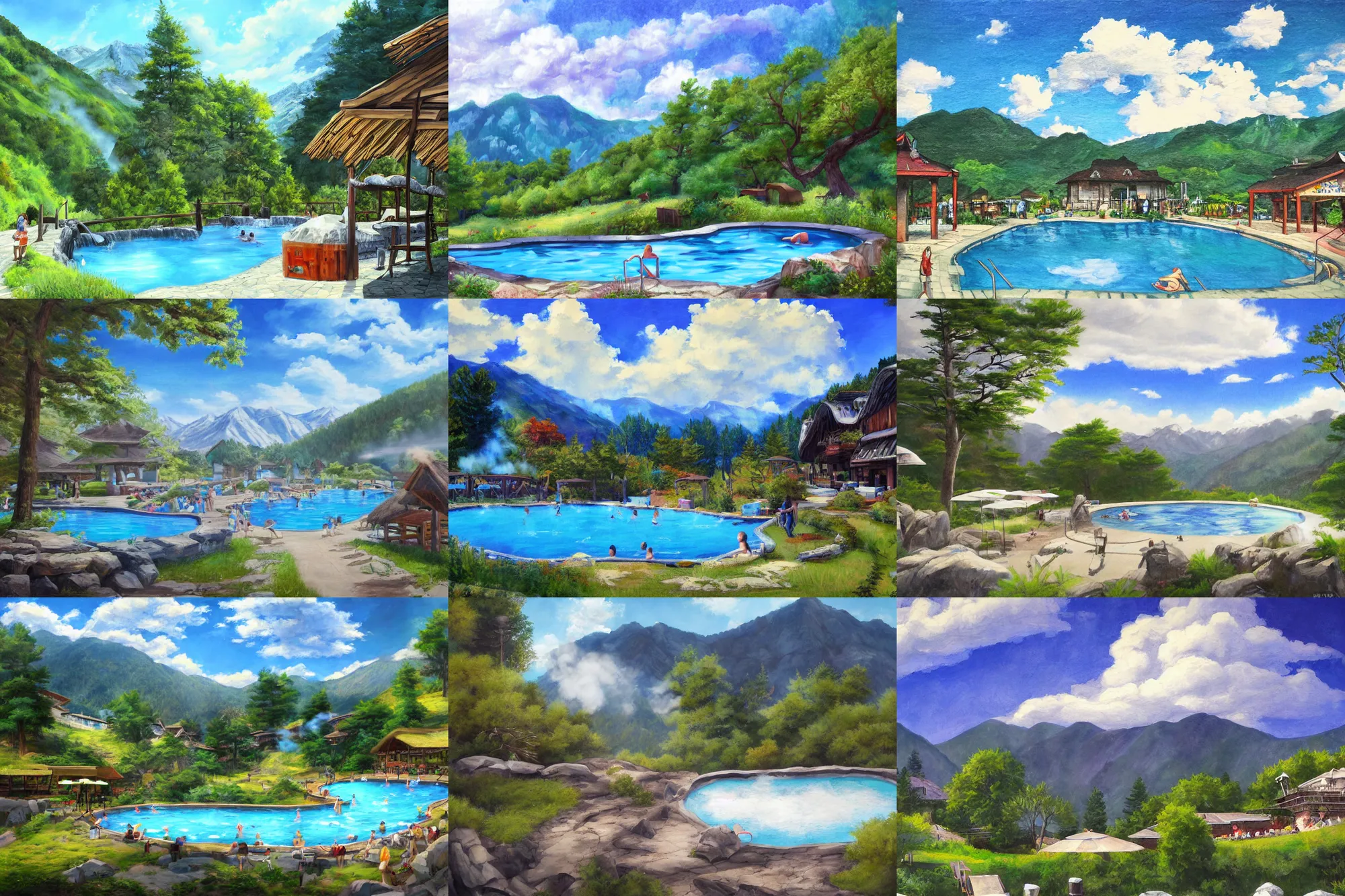 Prompt: holiday resort, hot springs pool in the mountains, relaxing, summer, trees, steam clouds, detailed painting, trending on pixiv