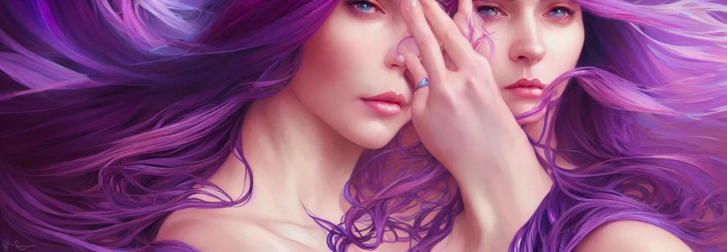 Image similar to Portrait of a woman with bright colored flying hair, all shades of purple. Hair coloring, amber eyes, face, long hair, fantasy, intricate, elegant, highly detailed, digital painting, artstation, concept art, smooth, sharp focus, illustration, art by artgerm and greg rutkowski and alphonse mucha