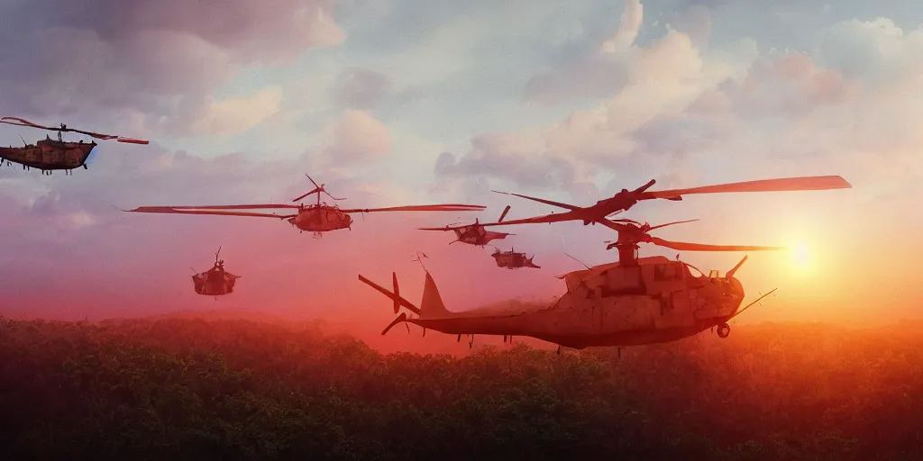 Prompt: Painting of vietnam Huey Helicopters, above a forest, orange sun set, abstract, realism, 8k, high details, octane render, glow, war, 3d render,