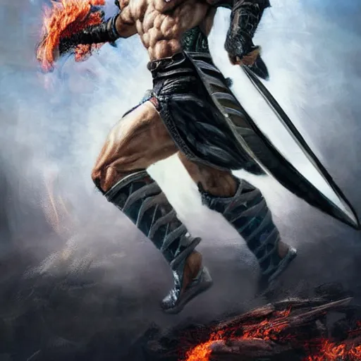 Image similar to Lionman with white hair walking away from a burning city, full body art, wielding a longsword with blue gemstones lining the blade, Painted By Aleksi Briclot, Dim Lighting
