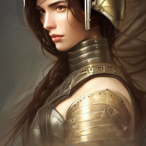 Image similar to a portrait of an attractive young woman, clothed in battle armor, olive skin, long dark hair, beautiful bone structure, symmetrical facial features, intricate, elegant, highly detailed, digital painting, trending on Artstation, concept art, smooth, sharp focus, illustration, in the style of artgerm and greg rutkowski and alphonse mucha