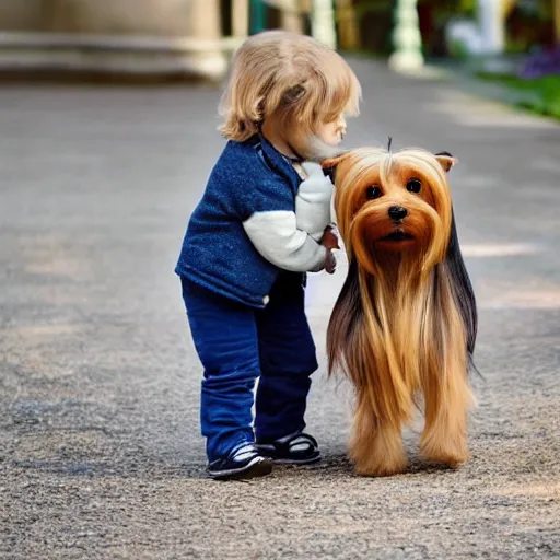 Prompt: a cute detective toddler and her yorkshire terrier companion