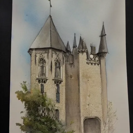 Image similar to (((((((watercolor sketch of Gothic revival castle gatehouse))))))) . muted colors. by Jean-Baptiste Monge !!!!!!!!!!!!!!!!!!!!!!!!!!!!!!!!!!!!!!!! ((((((((((((((((((watercolor sketch))))))))))))))))))