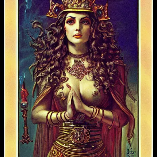 Prompt: Queen of Clubs tarot full card by Ken Kelly, Gustave Dore, Roy Thomas