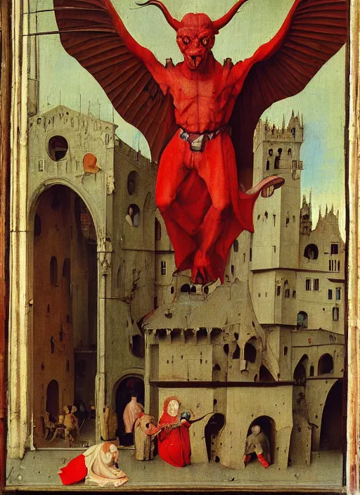 Image similar to red devil Gargoyle, Medieval painting by Jan van Eyck, Hieronymus Bosch, Florence