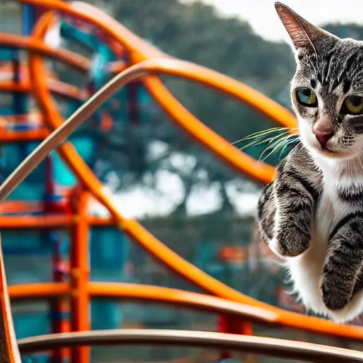 Prompt: photo of a cat riding a roller - coaster