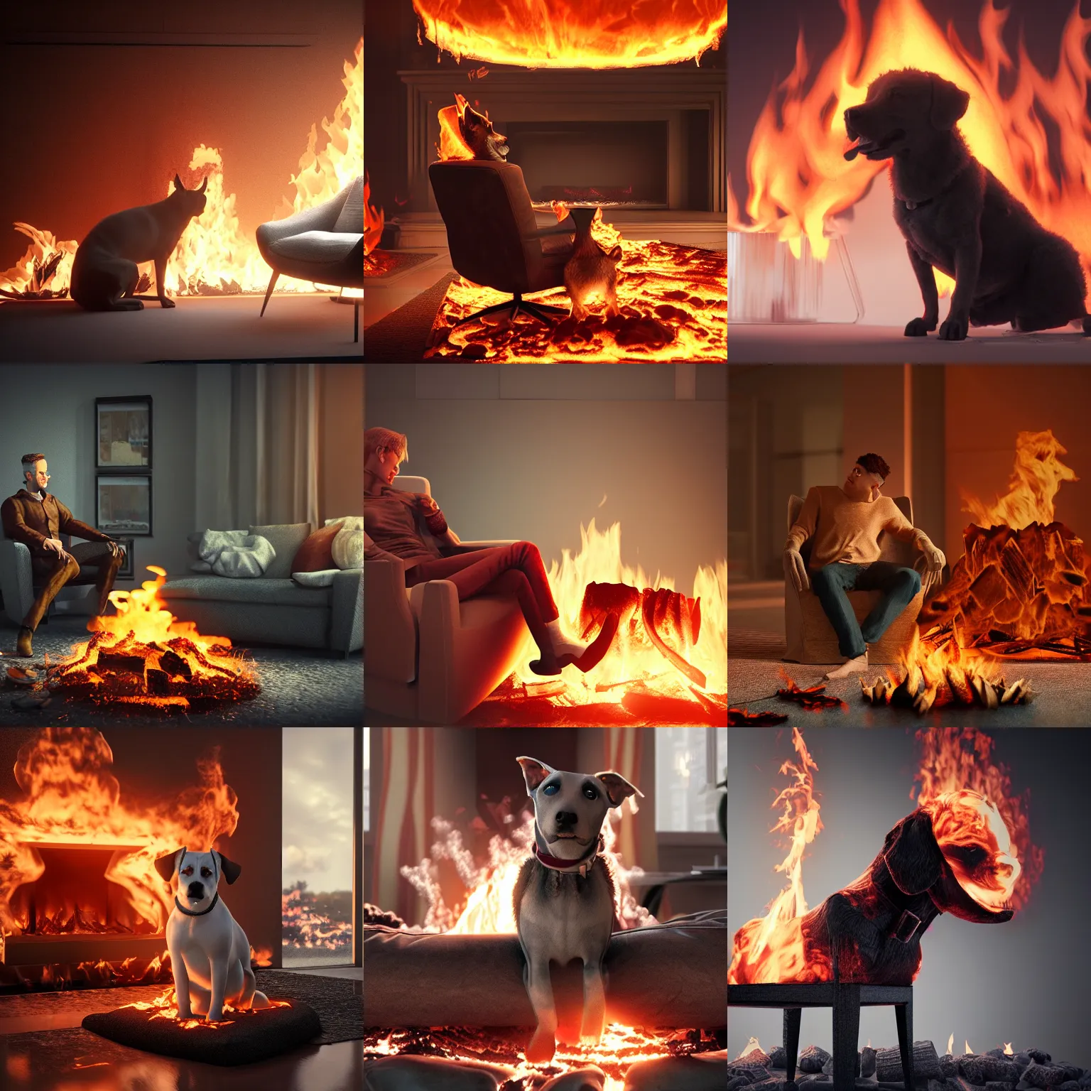 Prompt: calm dogsitting on chair surronded by burning fire, realistic, 3d, digital art, octane render, detailed, dramatic light, cinematic