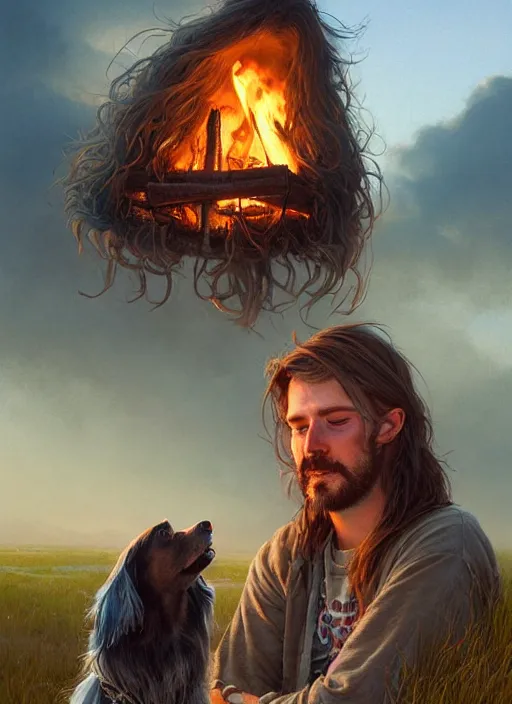 Image similar to highly detailed portrait of long - haired hillbilly around a bonfire with his fluffy australian shepherd, stephen bliss, art by greg rutkowski, loish, rhads, ferdinand knab, makoto shinkai and lois van baarle, artgerm, pixar, ilya kuvshinov, rossdraws, tom bagshaw, global illumination