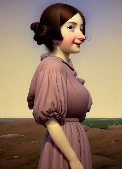 Image similar to hyper detailed 3 d render like a oil painting - cute portrait of a brunette called emma, italian looks, looking at camera, symmetrical face, long brunette hair, with a smiling cow looking over her shoulder by ryden, kawase hasui, dorothea tanning, edward hopper and james gilleard, aivazovsky, beksinski, outram, artstation