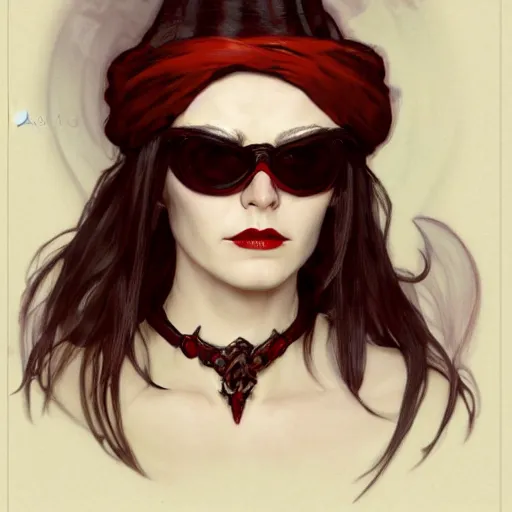 Prompt: DND character, portait of a woman with short red hair wearing white skull facepaint and sunglasses and a black cloak, video game art, trending on artstation, Gerald Brom, Alphonse Mucha