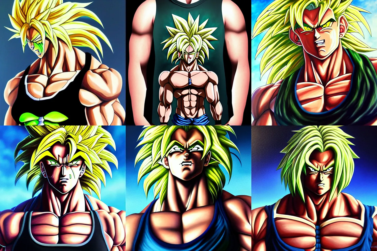 Prompt: broly by sakimichan 4k artstation hyperdetailed beautiful painting, long blond hair, black tank top, staring at the viewer, photorealistic