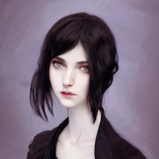 Prompt: of english teenage girl with black hair, china blue eyes, pale glowing skin, beautiful sinister features, no makeup, elegant fashion model, fantasy, intricate, elegant, dress shirt and tie, highly detailed, digital painting, artstation, concept art, smooth, sharp focus, illustration, art by Krenz Cushart and Artem Demura and alphonse mucha