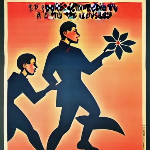 Image similar to soviet propaganda poster of phrase'tend to the flowers ', socialist realism