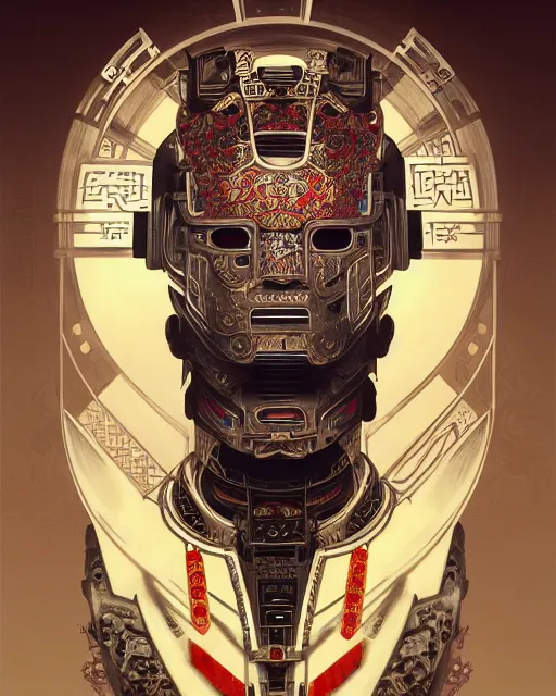 Image similar to portrait of a masculine male cyberpunk machine, machine face, upper half portrait, decorated with chinese opera motifs, asian, fine china, wuxia, traditional chinese art, intricate, elegant, highly detailed, symmetry, headpiece, digital painting, artstation concept art smooth sharp focus, illustration, art by artgerm and greg rutkowski alphonse mucha 8 k