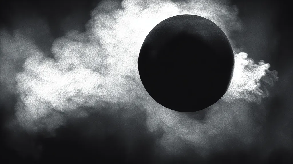 Prompt: smoke flows out of a black sphere in the sky above the city, fog, volumetric lighting, mystique, atmospheric, sharp focus, ultra detailed, noir art house, 4 k, cinematic, 3 5 mm