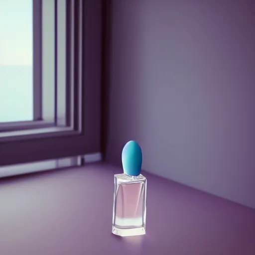 Image similar to perfume bottle on window sill in a pastel clean modern minimalist room with a view of the beach and blue skies in an easter - blue room well contoured smooth fair walls, up close shot, sharp focus, zen, clean, modern minimalist, octane highly render, 4 k, ultra hd,