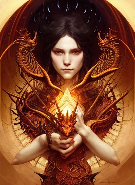 Image similar to a beautiful cd album cover of a satanic sorcerer taming a dragon, intricate, sharp focus, illustration, highly detailed, digital painting, concept art, matte, art by WLOP and Artgerm and Greg Rutkowski and Alphonse Mucha, masterpiece
