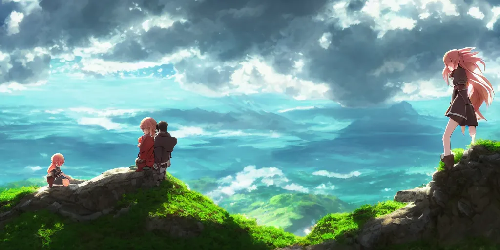 Prompt: isekai masterpiece anime boy and girl sitting on a mossy rock ledge looking down upon ocean, during dawn, cinematic, very warm colors, intense shadows, layered stratocumulus clouds, anime illustration, anime screenshot composite background