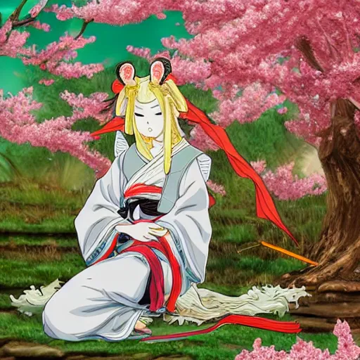 Prompt: a kitsune shrine maiden leaning against a sakura tree, highly detailed D&D character illustration