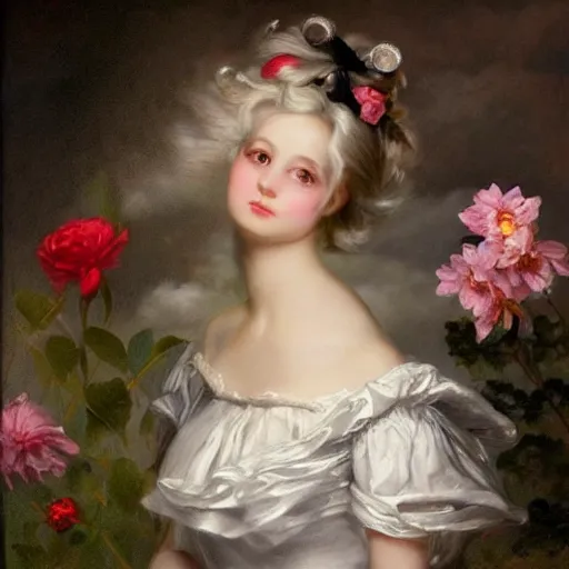 Image similar to Alice in Wonderland,a portrait of a beautiful Silver hair girl,Diamonds Blaze,Rose twining,luxuriant,dreamy, eternity, romantic,highly detailed,in the style of Franz Xaver Winterhalter, highly detailed,night lighting