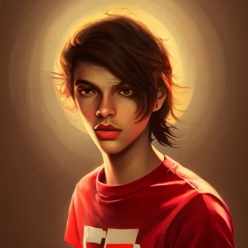 Image similar to colorful and festive captivating teenager with straight brown hair covering his eye, dark skin, big lips, big eyes, wearing a red t - shirt. rich vivid colors, ambient lighting, dynamic lighting, 4 k, atmospheric lighting, painted, intricate, highly detailed by charlie bowater