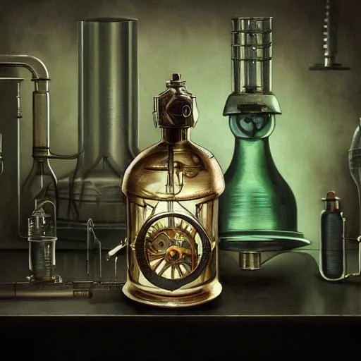 Prompt: a painting of a steampunk voilet shiny potion bottle in a dark dusty vintage science lab, by h. r. giger, hyperrealistic fantasy art, concept matte, ethereal, dreamy, digital art, trending on artstation, volumetric cinematic lighting