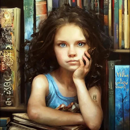 Prompt: a little girl with short curly light brown hair and blue eyes sitting amidst tall piles of books. beautiful painting by raymond swanland and magali villanueve, beautiful highly detailed face.