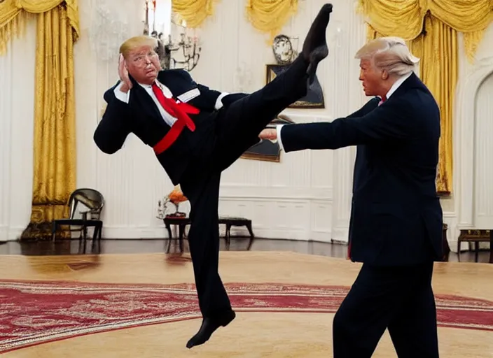 Prompt: the queen performing a flying karate kick on donald trump