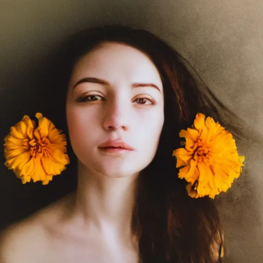 Image similar to realistic expired kodak film portrait of an angel woman flowers, marigold celestial vibe, hyperrealism, hypermaxiymalism, photorealistic, detailed, atmospheric, 8 k, award winning photography, cinematic