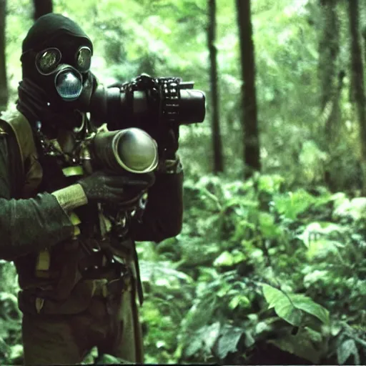 Prompt: a heavily armored man wearing a gasmask, in the jungle, film still, arriflex 3 5