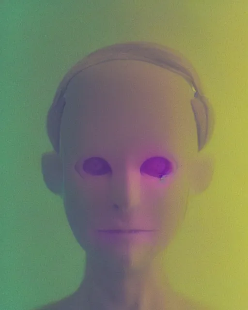 Image similar to featureless serene robotic woman's face, violet and yellow and green lighting, polaroid photo, 1 9 8 0 s cgi, atmospheric, whimsical and psychedelic, grainy, expired film, super glitched, corrupted file, ghostly, bioluminescent glow, sci - fi