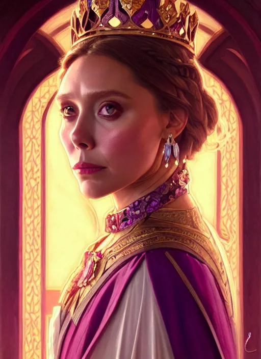 Image similar to portrait of elizabeth olsen as a queen, throne, jewelry, greek, amethyst, intricate, headshot, highly detailed, digital painting, artstation, concept art, sharp focus, cinematic lighting, illustration, art by artgerm and greg rutkowski, alphonse mucha, cgsociety