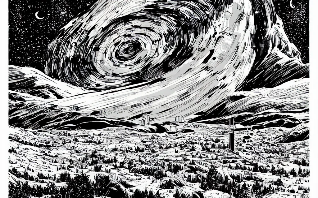 Image similar to very detailed, prophet graphic novel, ilya kuvshinov, mcbess, rutkowski, simon roy, illustration of a 2 5 tonne nuclear blast door built into mountain, wide shot, colorful, deep shadows, astrophotography