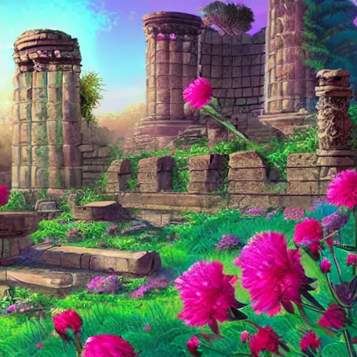 Prompt: ancient ruins covered with flowers, epic retrowave art, trending on art station