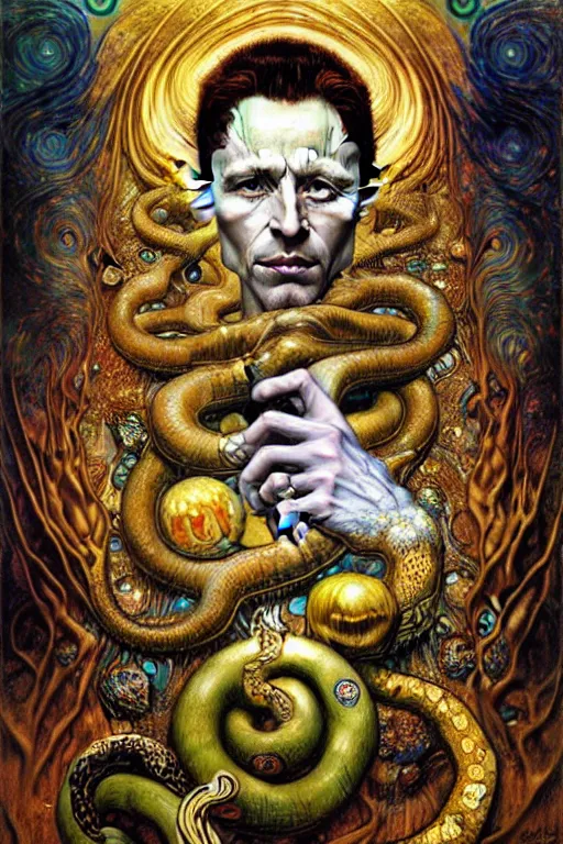 Prompt: Rebirth by Karol Bak, Jean Deville, Gustav Klimt, and Vincent Van Gogh, Rebirth, Loki's Pet Project, mystical portrait of a serpent deity, Surreality, otherworldly, fractal structures, arcane, ornate gilded medieval icon, third eye, spirals