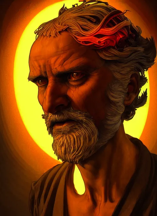 Image similar to the god hephaestus, old man, fiery hair, glowing eyes, volumetric lights, yellow and red scheme, art nouveau botanicals, gothic, intricate, highly detailed, digital painting, artstation, concept art, smooth, sharp focus, symmetric face, illustration, steampunk, art by artgerm and greg rutkowski and alphonse mucha
