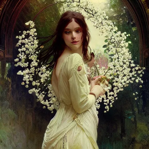 Image similar to a beautifull intricate woman with lily of the valley, reflexions, verry high details by william turner art, greg rutkowski and alphonse mucha, trending on artstation, very very detailed, masterpiece, - h 7 6 8