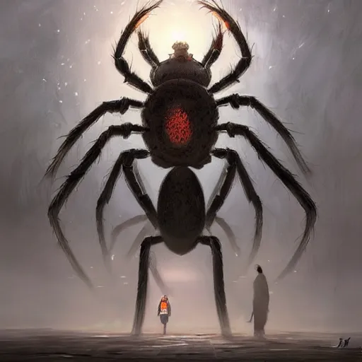 Image similar to a man standing in front of a giant spider, foggy scene. concept art by jason a. engle, cgsociety, fantasy art, concept art, lovecraftian, apocalypse art.