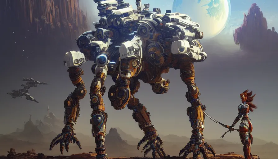 Image similar to a warrior robot astronaut, looks like a machine from horizon zero dawn designed by apple, in socotra island, posing for a fight, intricate, elegant, highly detailed, digital painting, establishing shot, an epic fantasy, artstation, smooth, sharp focus, illustration, art by artgerm and greg rutkowski and alphonse mucha, matte painting 8 k