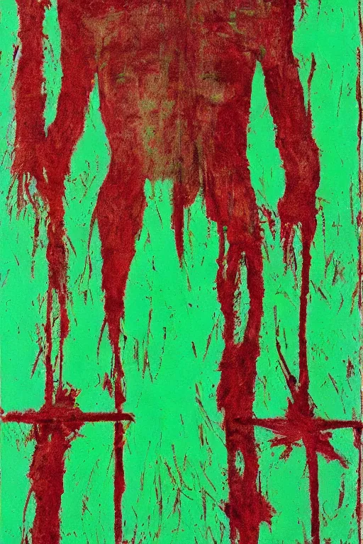 Image similar to green background with bloody christ crucified painted by cy twombly and andy warhol