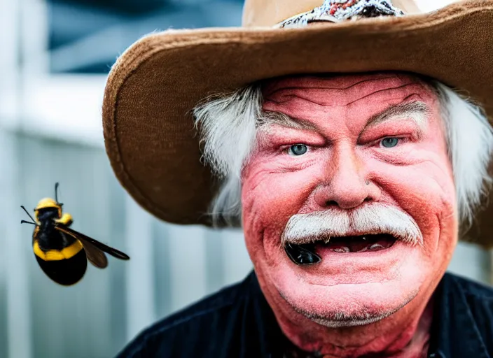 Prompt: photo still of rip taylor at vans warped tour!!!!!!!! at age 6 3 years old 6 3 years of age!!!!!!! throwing bees at a crowd, 8 k, 8 5 mm f 1. 8, studio lighting, rim light, right side key light