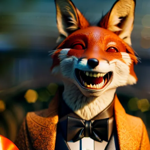 Image similar to weta disney pixar movie still macro close photo of smiling anthropomorphic fox wearing a suit : : by weta, greg rutkowski, wlop, ilya kuvshinov, rossdraws, artgerm, octane render, iridescent, bright morning, anime, liosh, mucha : :