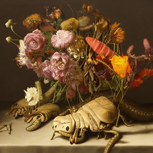 Prompt: snake hunting butterfly still life, withered flowers, beetles crawling, otto marseus van schrieck still life, dutch golden age painting, dramatic lighting, cinematic lighting, willem van aelst still life, elias van den broeck painting still life, christiaen striep still life, rachel ruysch flowers, oil on canvas, detailed, vanitas baroque painting