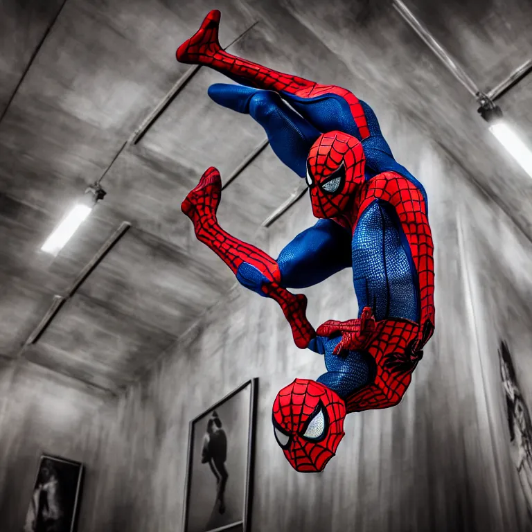 Prompt: spider man suit in a museum, realistic, hdr, dramatic lighting, photo, dslr photo, stunning image